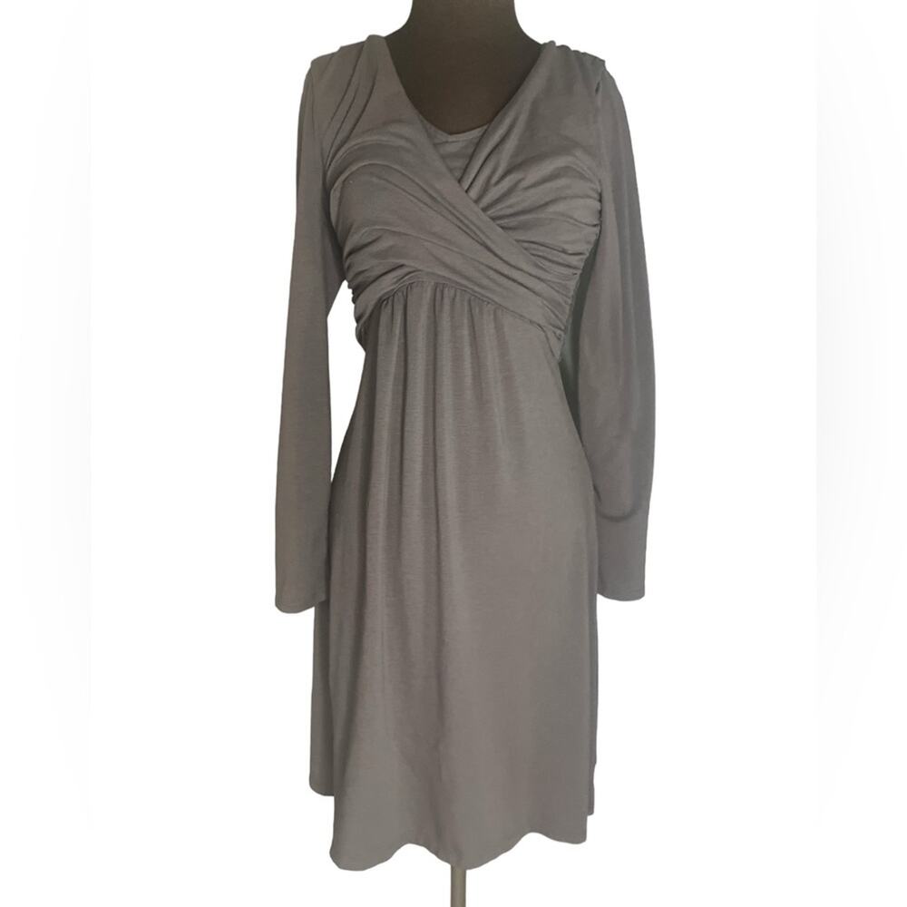 Garnet Hill Cotton Blend Tie Back Cross Front Gray Knit Long Sleeved Dress XS